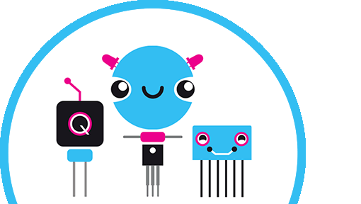 Three graphic coding for kids mascots created out of electronic parts diodes for ears, resistor for arms, keyboard q for a head